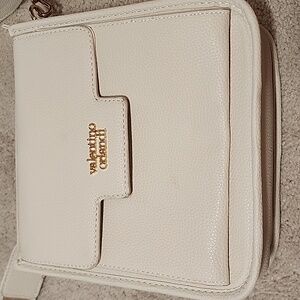 Valentino Orlandi Ivory Cream Crossbody Bag with Gold Accents Long Strap Pockets